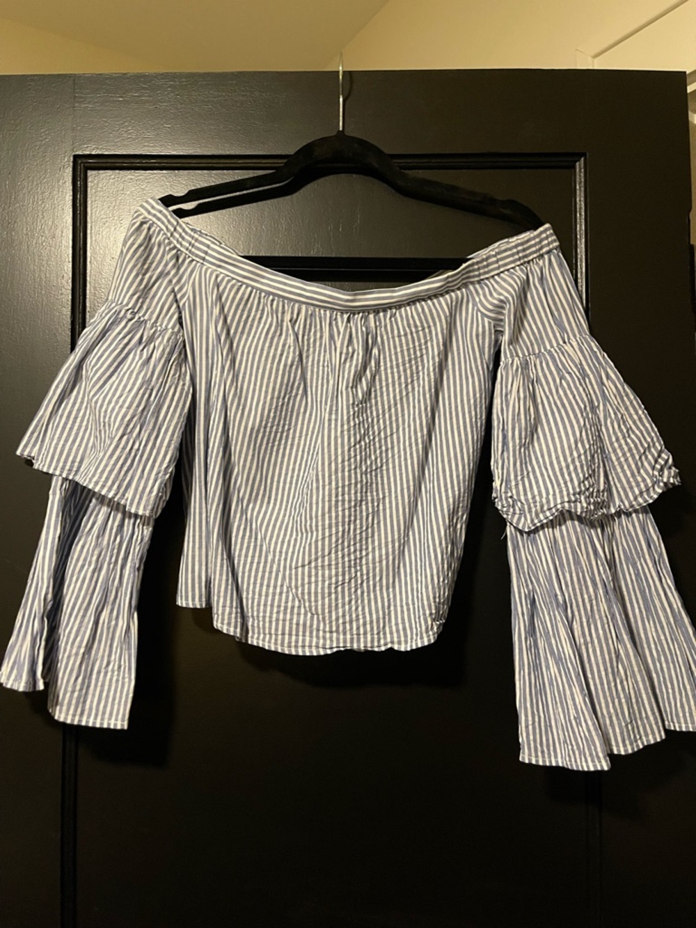 BCBGMaxAzria Blue and White Striped Off-Shoulder Bell Sleeve Blouse